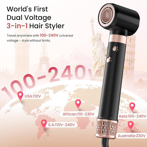 Dual Voltage 3 in 1 Hot Hair Styler – High-Speed Hair Dryer with Air Wrap for Women with Extra Long Barrel Air Styler, European Hair Tools Styling, Fast Drying and Quick Styling, Travel Case