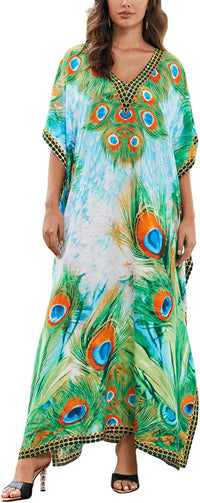 Women's Plus Size Loose Fit Moroccan Print V-Neck Batwing Kaftan Beach Dress Bathing Suit Cover Up