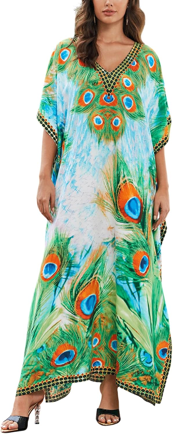 Women's Plus Size Loose Fit Moroccan Print V-Neck Batwing Kaftan Beach Dress Bathing Suit Cover Up