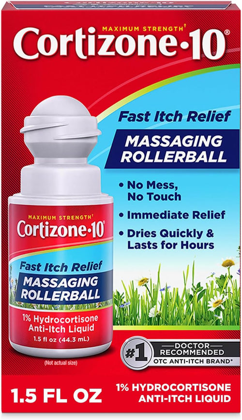 Cortizone-10 Maximum Strength Itch Relief Massaging Rollerball, 1% Hydrocortisone, Fast-Acting, Anti-Itch Liquid for Bug Bites, Rash, Eczema, Psoriasis, Poison Ivy, Oak, Sumac, 1.5 fl. oz