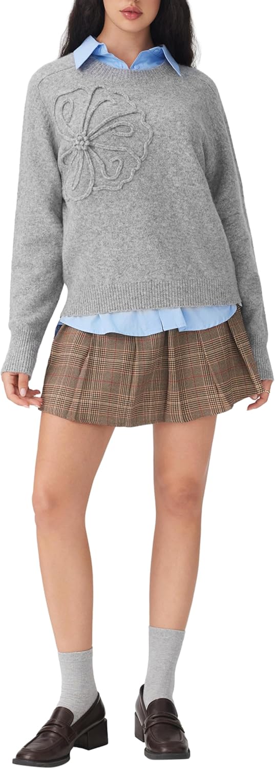 CIDER Women's Cute Sweater Crew Neck Long Sleeve Floral Pullover Fall Winter Sweaters Loose Fit Knit Top