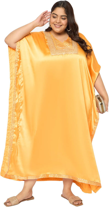 Gypsie Blu Women’s Plus Size Satin Sequin Kaftan Dress with Kimono Sleeves Casual Resort Wear Stylish Loose Fit Evening Dress