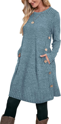 OFEEFAN Fall and Winter Tunic Dress with Pockets Long Sleeve Crew Neck Buttons Side
