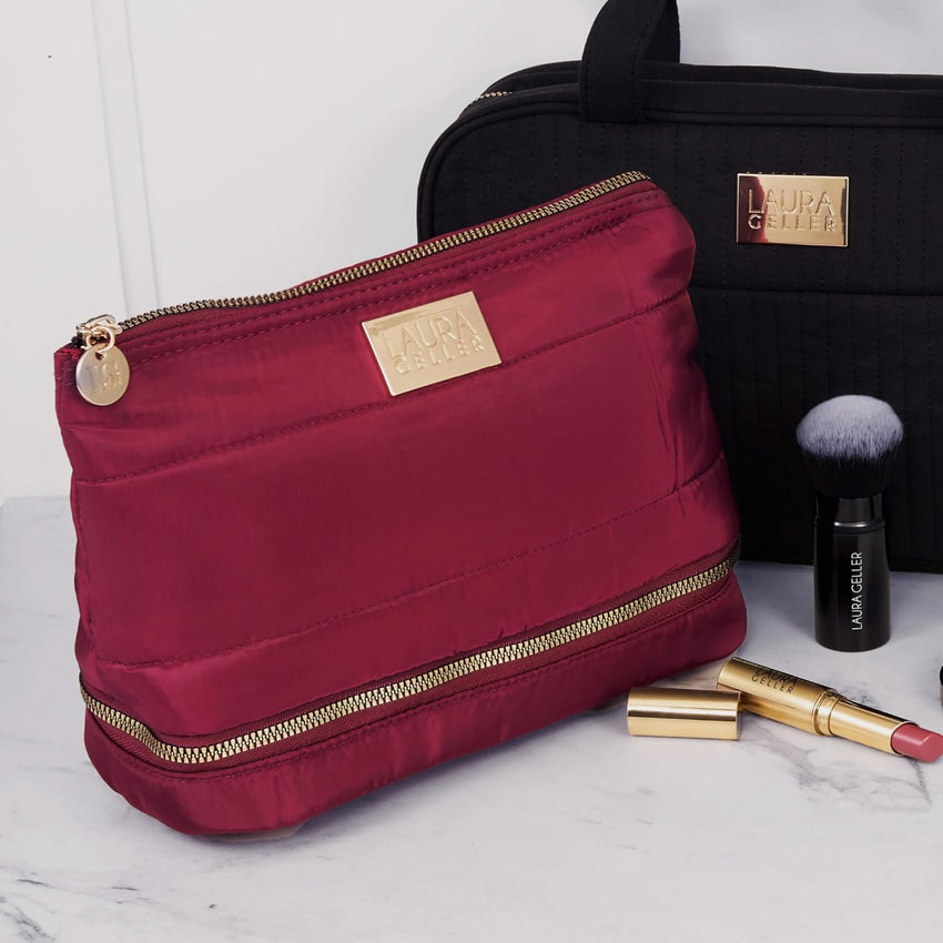 LAURA GELLER NEW YORK Quilted Makeup Bag with Brush Case, Burgundy - Toiletry Bag Organizer for Travel - Large Capacity Full Size Makeup Bag - Easy to Clean