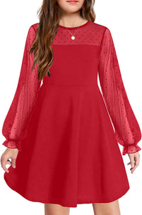 Arshiner Girl's Contrast Mesh Puff Long Sleeve High Waist A Line Short Dress with Pockets for 6-13 Years