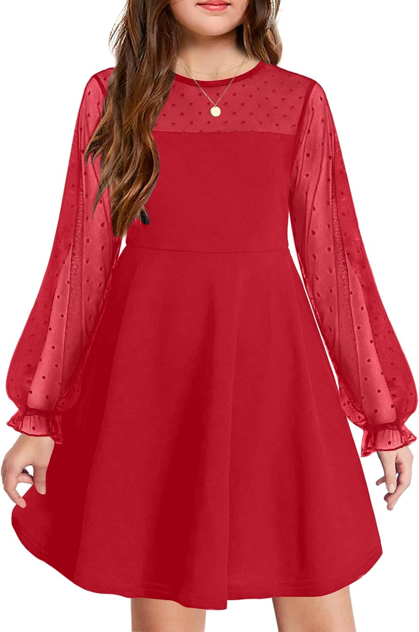 Arshiner Girl's Contrast Mesh Puff Long Sleeve High Waist A Line Short Dress with Pockets for 6-13 Years