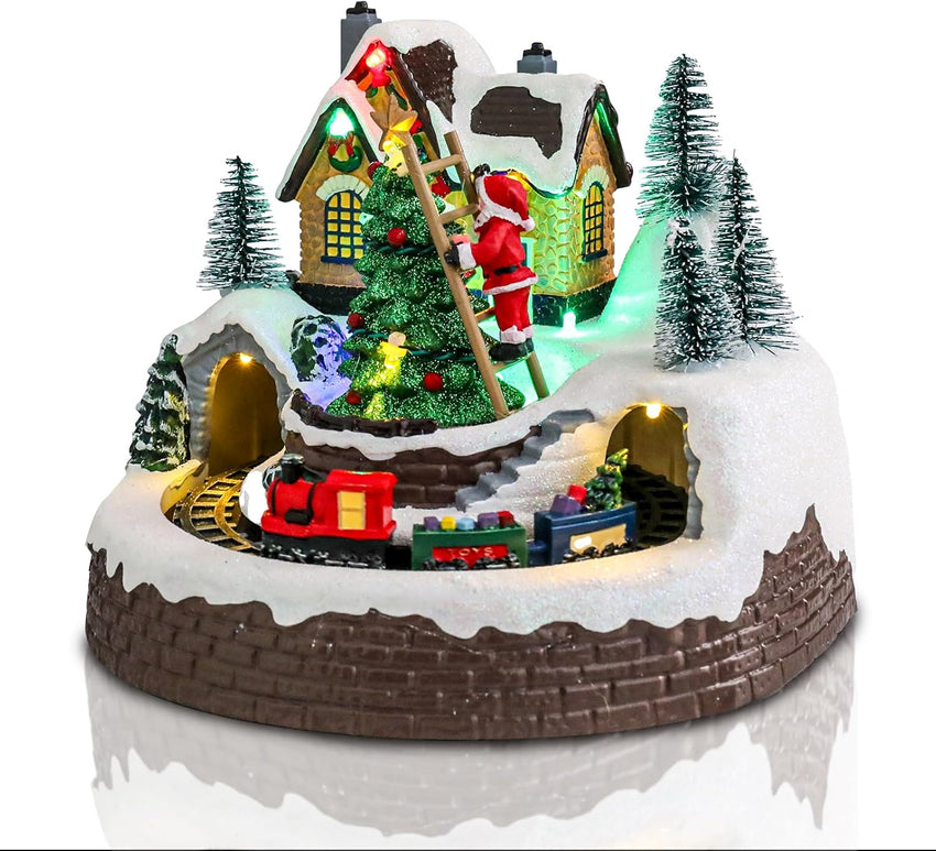 Bdor Christmas Village Lighted Decoration Musical Animated Display Christmas Collectible Santa Battery Operated Resin Indoor Decor