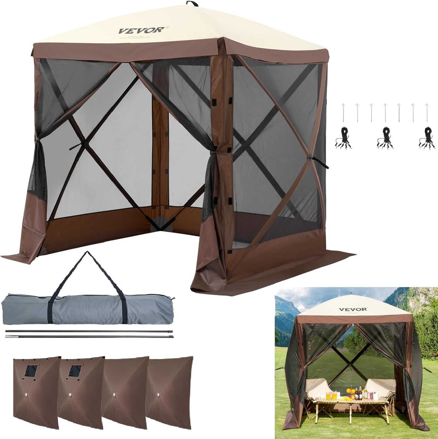 VEVOR 12 * 12ft 6 Sided Pop-up Canopy Shelter Tent with Mesh Windows, Portable Carry Bag, Stakes, Large Shade Tents for Outdoor Camping, Lawn and Backyard, Brown/Beige