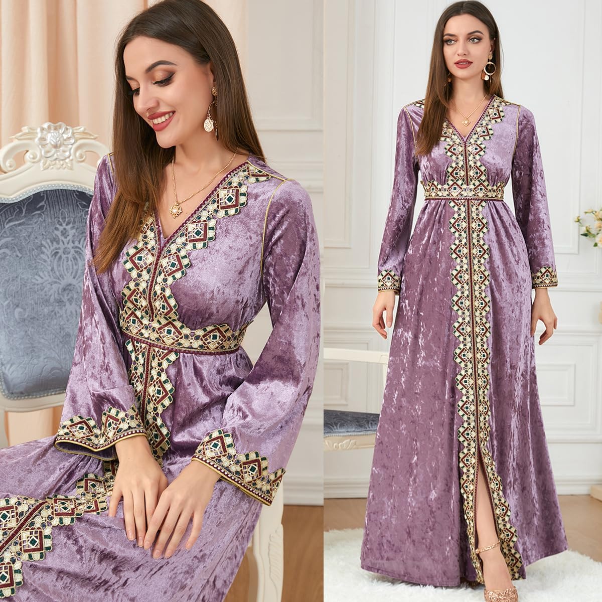 ODIZLI Muslim Kaftan Abaya Moroccan Fashion Autumn Winter Long Sleeve Velvet Dress for Eid Ramadan