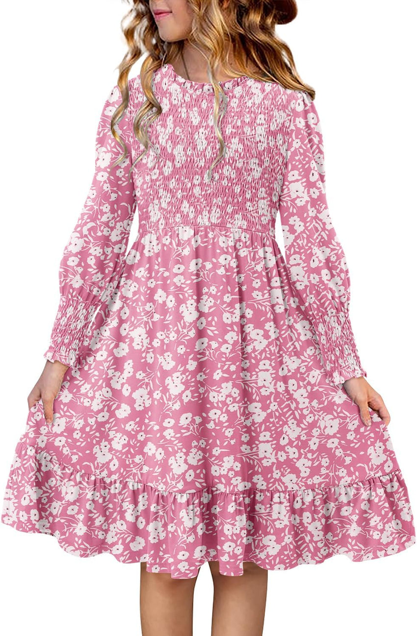 Yoklass Girls Smocked Dress Casual Puff Long Sleeve Ruffle Neck Dresses 4-13 Years