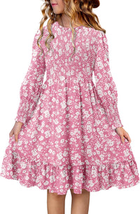 Yoklass Girls Smocked Dress Casual Puff Long Sleeve Ruffle Neck Dresses 4-13 Years