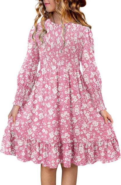 Yoklass Girls Smocked Dress Casual Puff Long Sleeve Ruffle Neck Dresses 4-13 Years