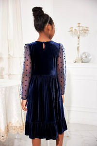 Arshiner Girls Dresses Contrast Mesh Velvet Long Sleeve A-Line Vintage Party Dress with Pockets