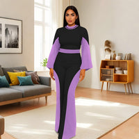 WXN Two Piece Sets for Women Going Out Long Flared Sleeve Colorblock Crop Top Wide Pants Set Brunch Outfits