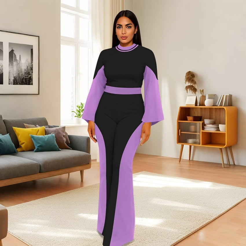 WXN Two Piece Sets for Women Going Out Long Flared Sleeve Colorblock Crop Top Wide Pants Set Brunch Outfits
