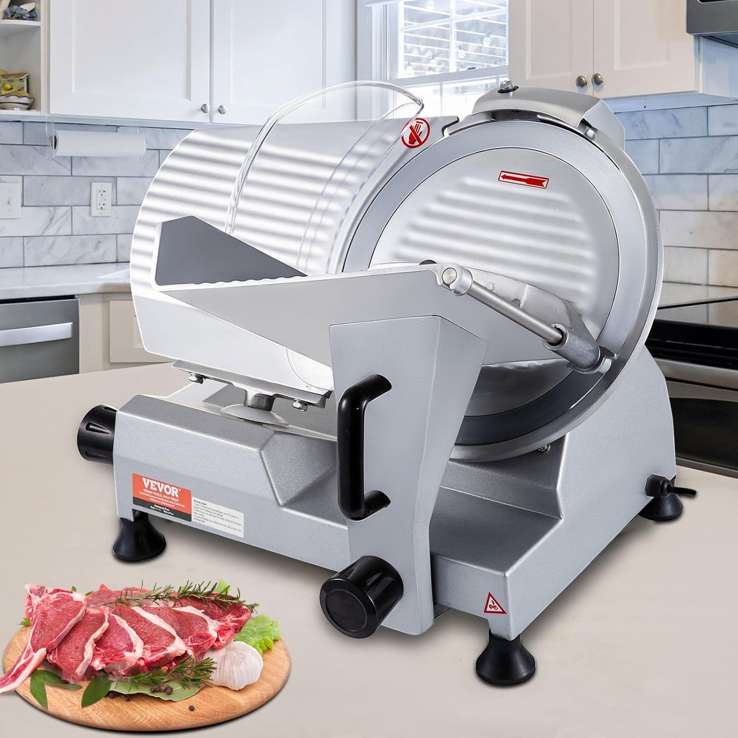 VEVOR Commercial Meat Slicer, 320W Electric Deli Food Slicer, 12 inch Carbon Steel Blade Electric Food Slicer, 350-400RPM Meat Slicer, 0-0.6 inch Adjustable Thickness for Cheese, Veggies, Ham