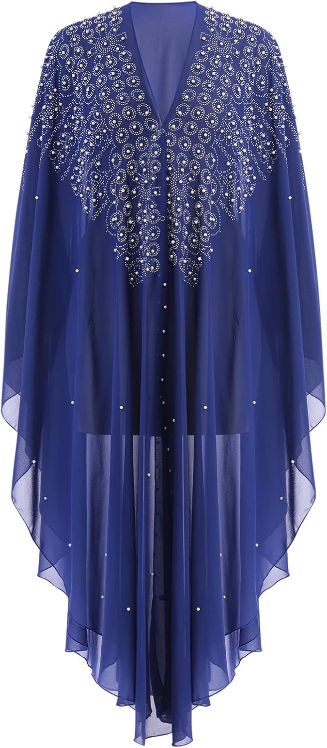 OBEEII Muslim Dress for Women Loose Batwing Sleeved Hooded Beaded Embroidery Long Abaya Dress Kaftan Abayas Islamic Robe