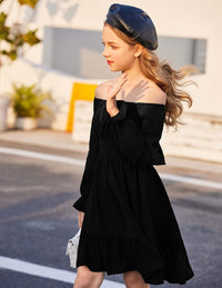 Arshiner Girls Dresses Long Sleeve Tie Back Fall Winter Off Shoulder Dress Kids Clothes