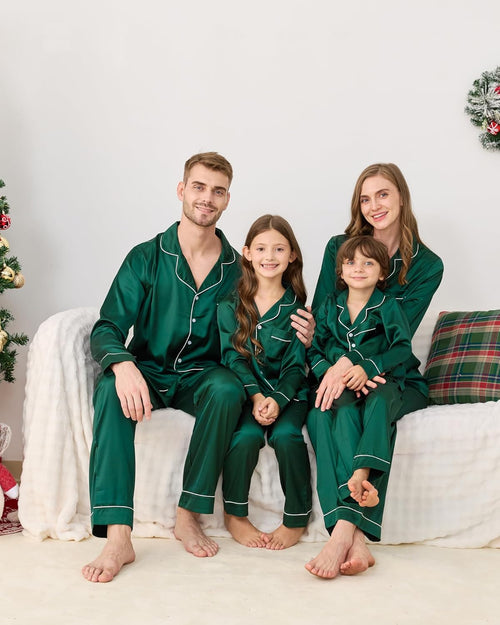 Satin Family Christmas Pajamas Set Soft Button Down Holiday Sleepwear Matching PJs for Couple Men Women Jammies Party