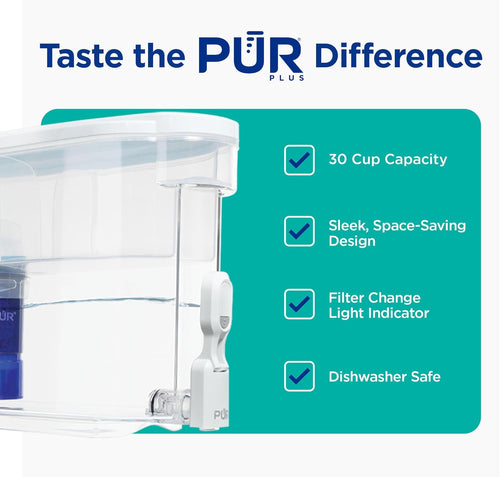 PUR PLUS 30-Cup Water Filter Dispenser with 1 Lead-Reducing PUR PLUS Filter, Dishwasher Safe, Powerful Filtration, Large Capacity with Slim, Space-Saving Design, White (DS1811Z)