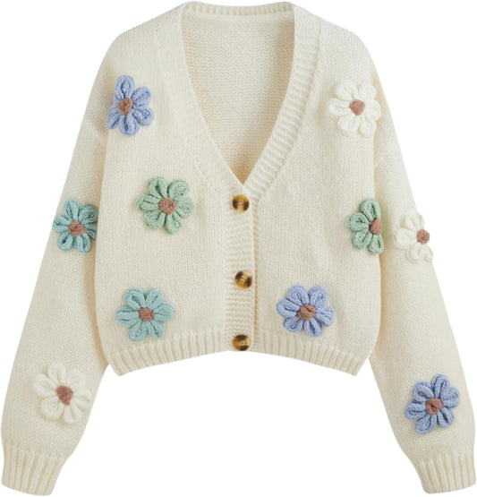 CIDER Women’s Floral Cropped Cardigan Cute Flower V Neck Button Down Trendy Sweater