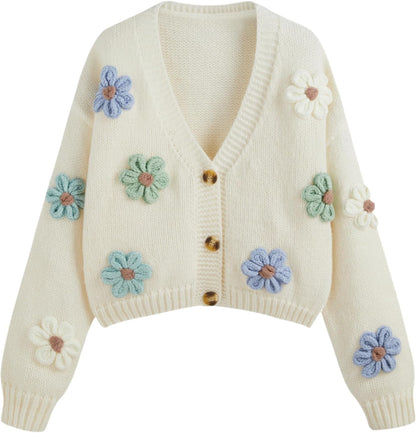 CIDER Women’s Floral Cropped Cardigan Cute Flower V Neck Button Down Trendy Sweater