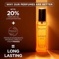 BellaVita Luxury Honey OUD Eau de Parfum Travel Size Edition 20 ml | Long-Lasting Mini Perfumes for Women | Notes: Patchouli, Vanilla, Bergamot & Spicy Notes | Pocket Perfume for Women | Vegan Perfume