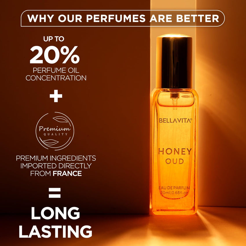 BellaVita Luxury Honey OUD Eau de Parfum Travel Size Edition 20 ml | Long-Lasting Mini Perfumes for Women | Notes: Patchouli, Vanilla, Bergamot & Spicy Notes | Pocket Perfume for Women | Vegan Perfume