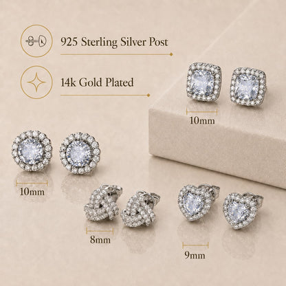 ZELORES 4 Pairs Sterling Silver 5A CZ Stud Earrings for Women 14K Gold Plated Brilliant Celtic Heart Big Stud Earrings Set Cubic Zirconia Earrings Studs for Sensitive Ear