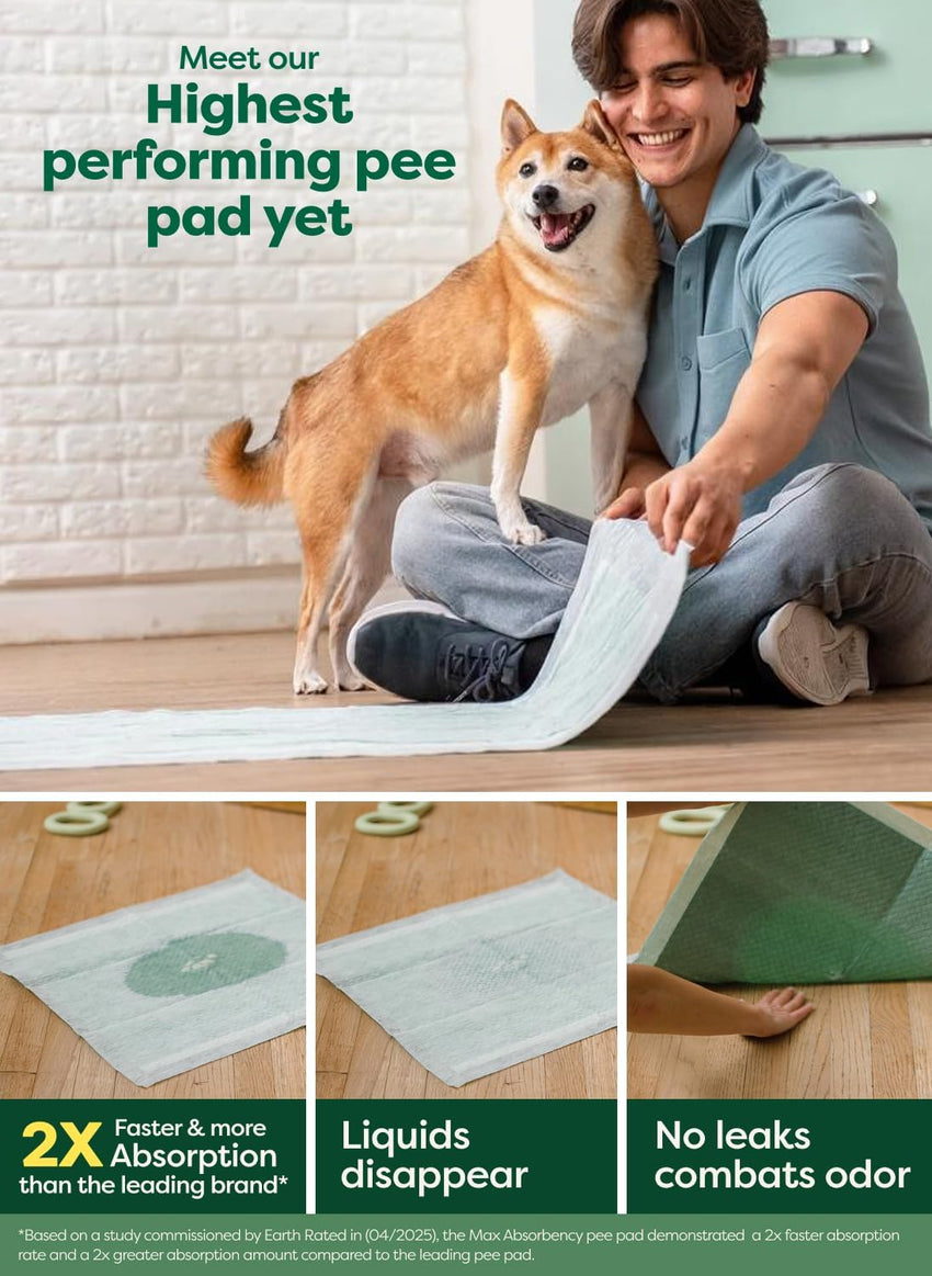 Earth Rated Max Absorbency Puppy Pee Pads for Dogs Absorbs 2X Faster & 2X More, Leak-Proof, Odor Control Potty Training, Unscented, Large, 22” x 23”, 40 Count