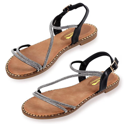 Women's Sparkle Rhinestone Flat Sandals with Back Elastic Ankle Strap, Comfortable Memory Foam Slip On Open Toe Shoes for Dressy or Everyday Summer Wear, Glitter Bling and for Work, Beach, Strappy Wedding Sandals Gold Size 10Women's Sparkle Rhinestone Fla