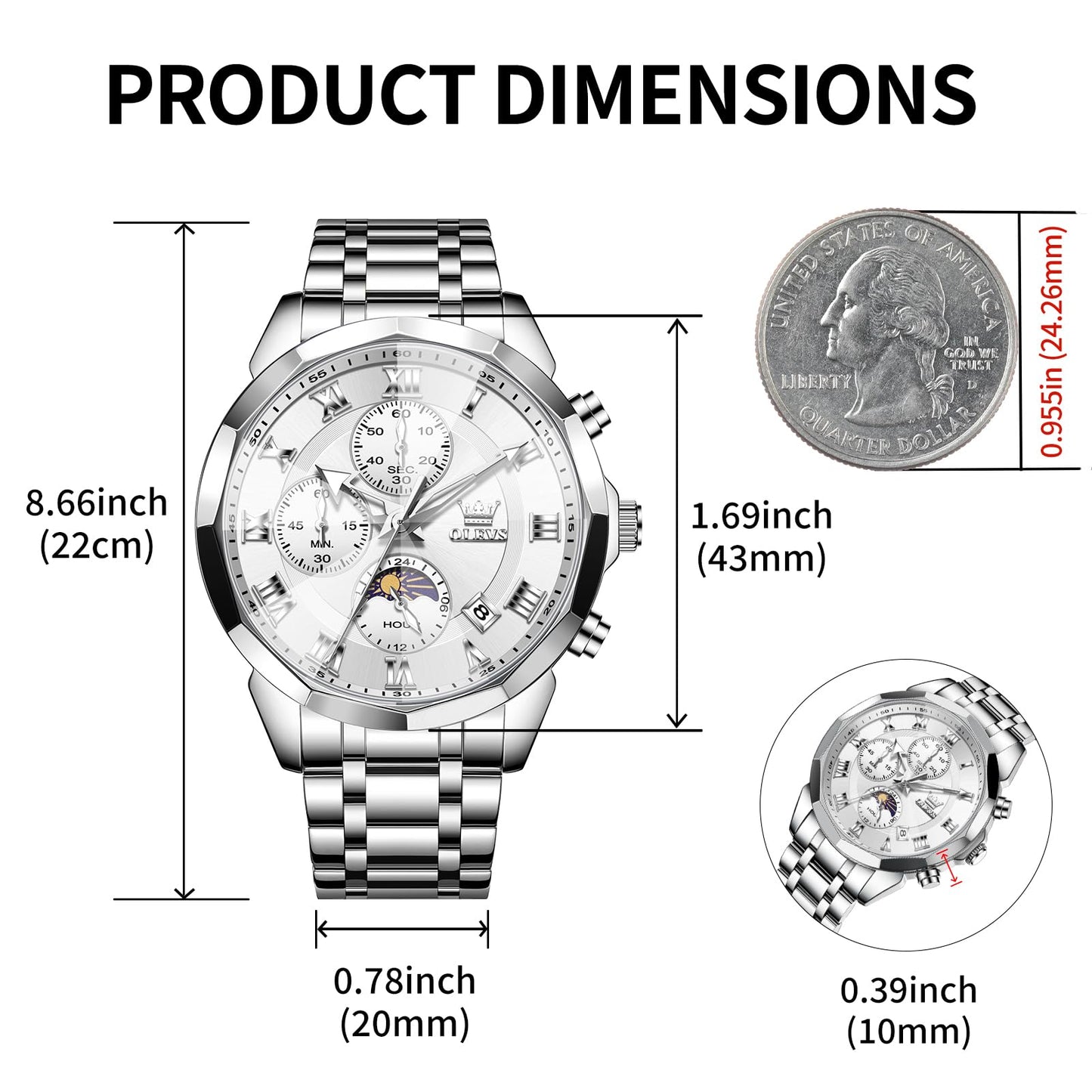 OLEVS Watches Men Luxury Chronograph Moon Phase Waterproof Luminous Watches for Men Analog Quartz Calendar Stainless Steel Strap Wrist Watches-(Black/Blue/Gold/Grey/Silver Face)