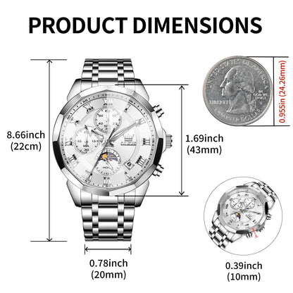 OLEVS Watches Men Luxury Chronograph Moon Phase Waterproof Luminous Watches for Men Analog Quartz Calendar Stainless Steel Strap Wrist Watches-(Black/Blue/Gold/Grey/Silver Face)
