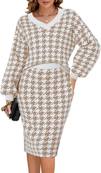 Pink Queen Women's 2 Piece Outfits Set Knit V Neck Batwing Long Sleeve Loose Top Bodycon Midi Skirt Sweater Dresses