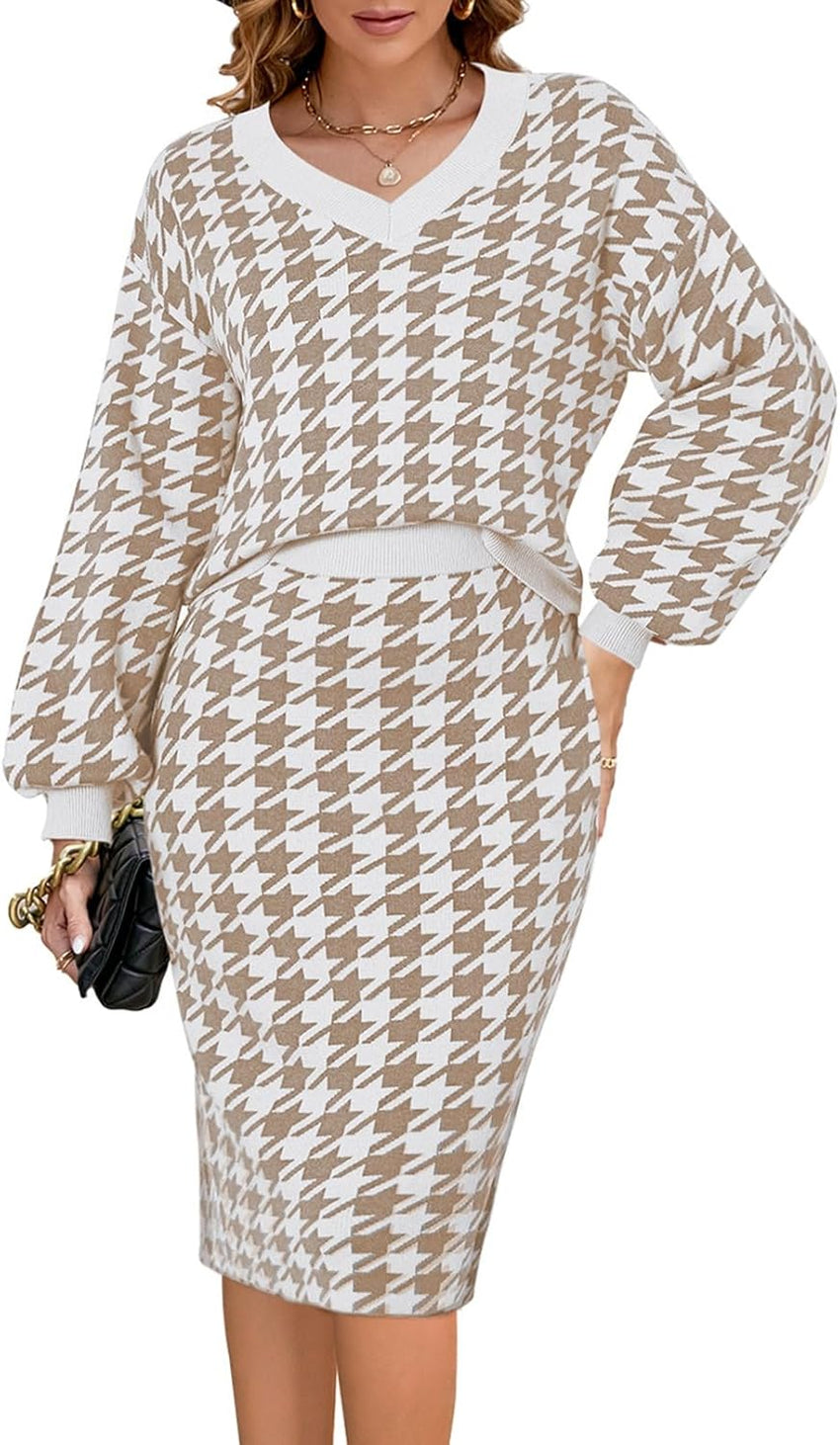 Pink Queen Women's 2 Piece Outfits Set Knit V Neck Batwing Long Sleeve Loose Top Bodycon Midi Skirt Sweater Dresses