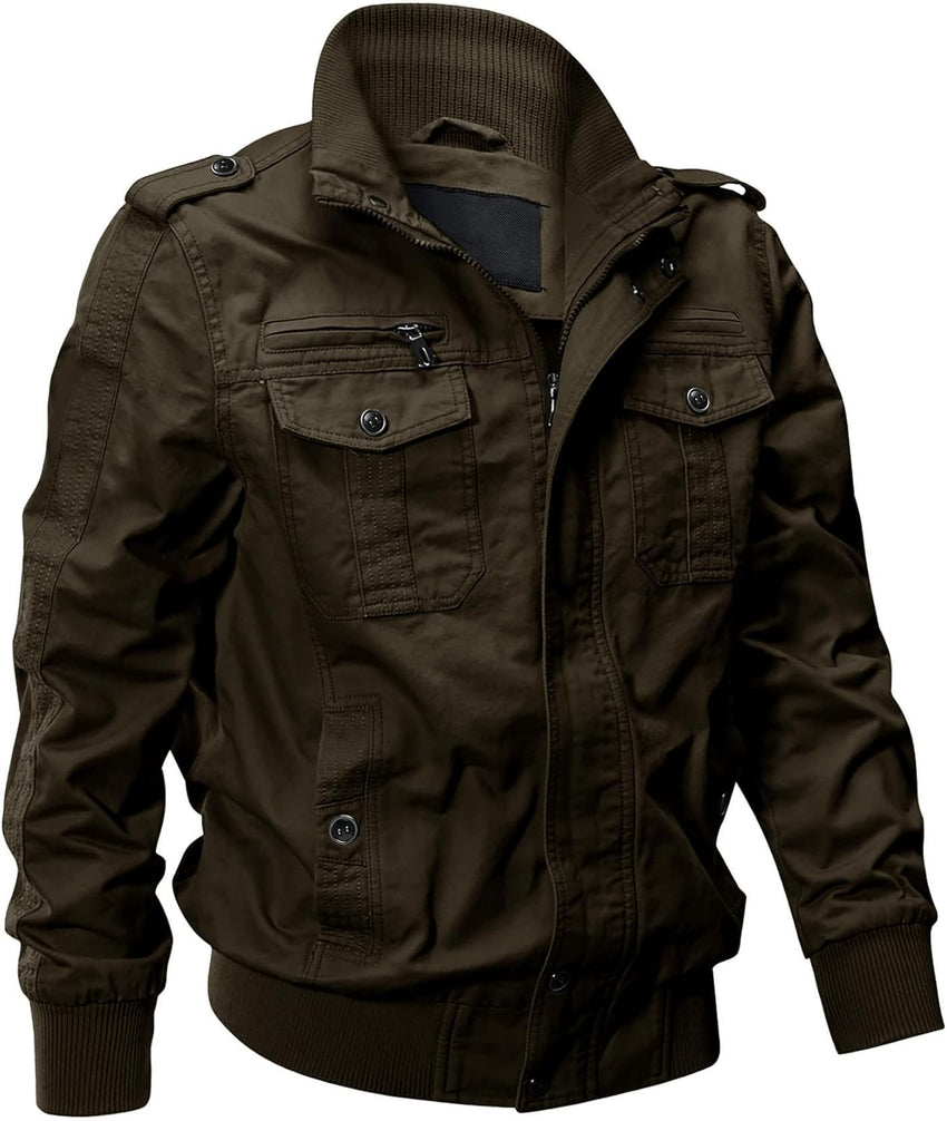 7DAY'S Men's Cotton Lightweight Multi Pockets Zip Front Stand Collar Military Jackets Windbreaker