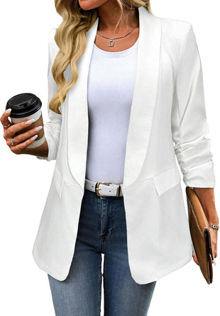 Mina Self Women's 3/4 Sleeve Blazers Ruched 2025 Fall Shawl Collar Open Front Casual Trendy Work Office Jackets Pockets