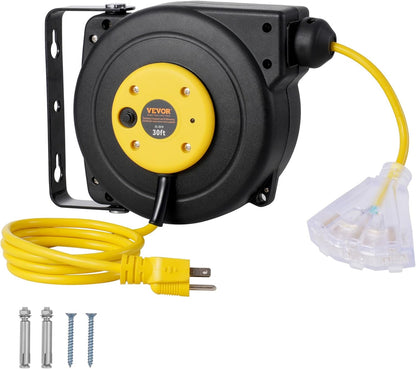 VEVOR Retractable Extension Cord Reel, 45 FT, Heavy Duty 12AWG/3C SJTOW Power Cord, with Lighted Triple Tap Outlet, 15 Amp Circuit Breaker, 180° Swivel Bracket for Ceiling or Wall Mount
