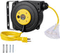 VEVOR Retractable Extension Cord Reel, 45 FT, Heavy Duty 12AWG/3C SJTOW Power Cord, with Lighted Triple Tap Outlet, 15 Amp Circuit Breaker, 180° Swivel Bracket for Ceiling or Wall Mount