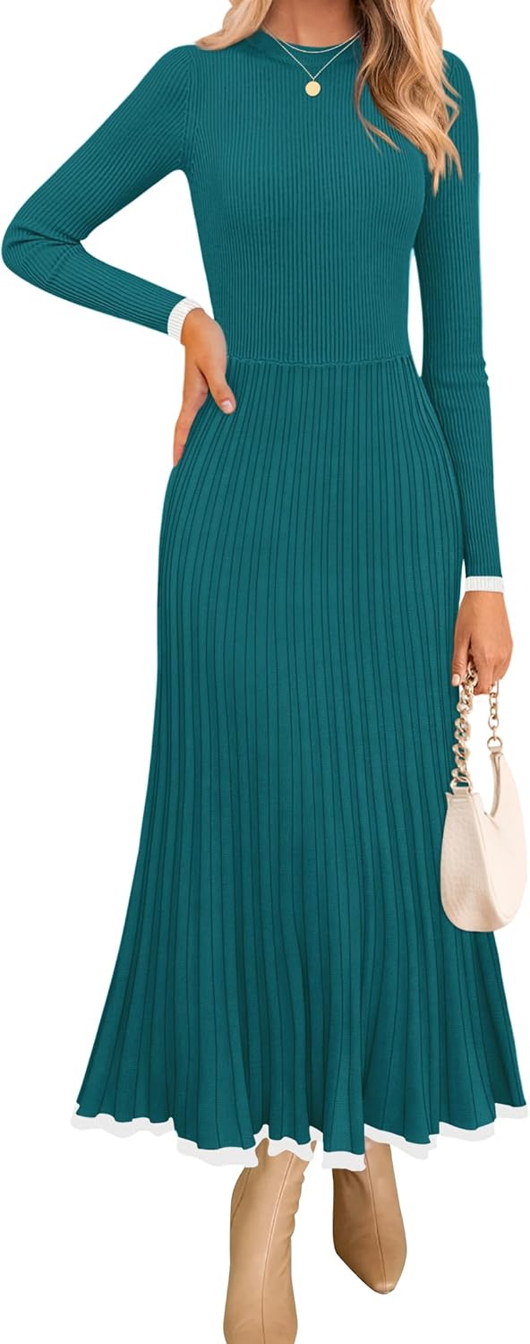 ZESICA Women's Long Sleeve Sweater Dress Fall 2025 Crewneck Ribbed Knit Pleated A-Line Maxi Wedding Guest Dresses