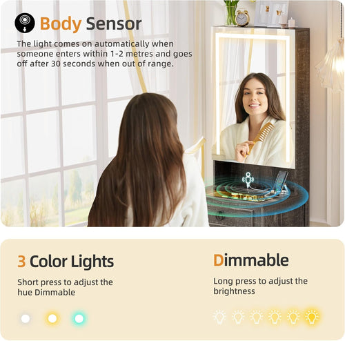 Gurexl 3 in 1 Small Vanity Desk with Lights and Mirror,Tall Lighted Compact Vanity with Charging Station,Makeup Vanity Set with Jewelry Armoire,Glass Top,Wheeled Stool with Storage,3 Drawers