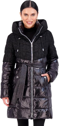 Vince Camuto Hooded Women's Puffer Jacket Womens Winter Coat with Removable Belt