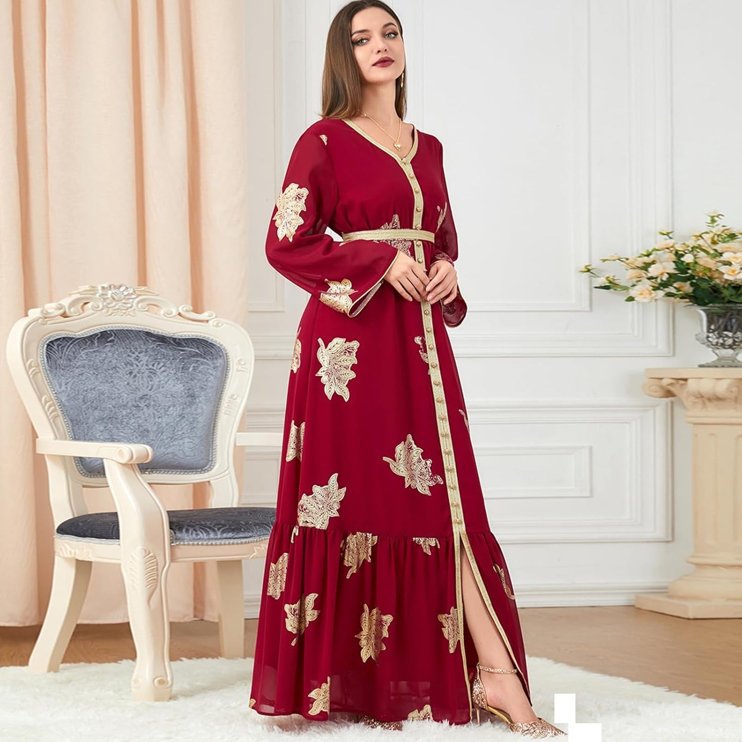 AFAVOM Women Moroccan Kaftan Abaya Golden Lace Dress Embroidered Islamic Ramadan Eid Dress Arabic Dubai Muslim Prayer Robe