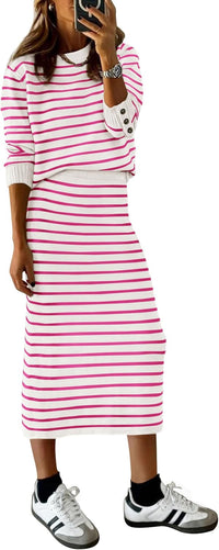 PRETTYGARDEN 2 Piece Skirts Sets For Women Fall Fashion 2025 Striped Sweater Dress Knit Lounge Travel Outfits Winter Clothing