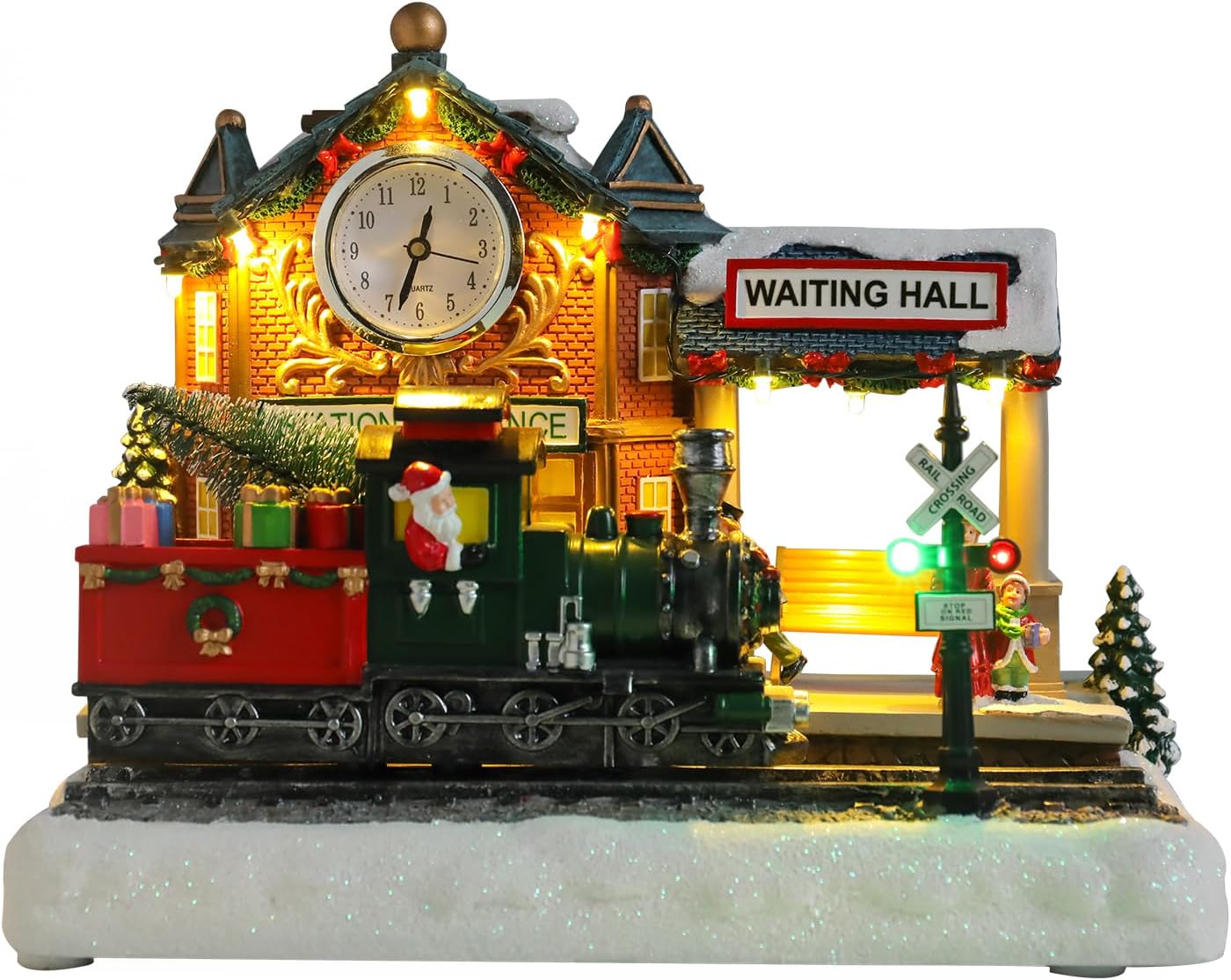 Bdor Christmas Village Lighted Decoration Musical Animated Display Christmas Collectible Santa Battery Operated Resin Indoor Decor