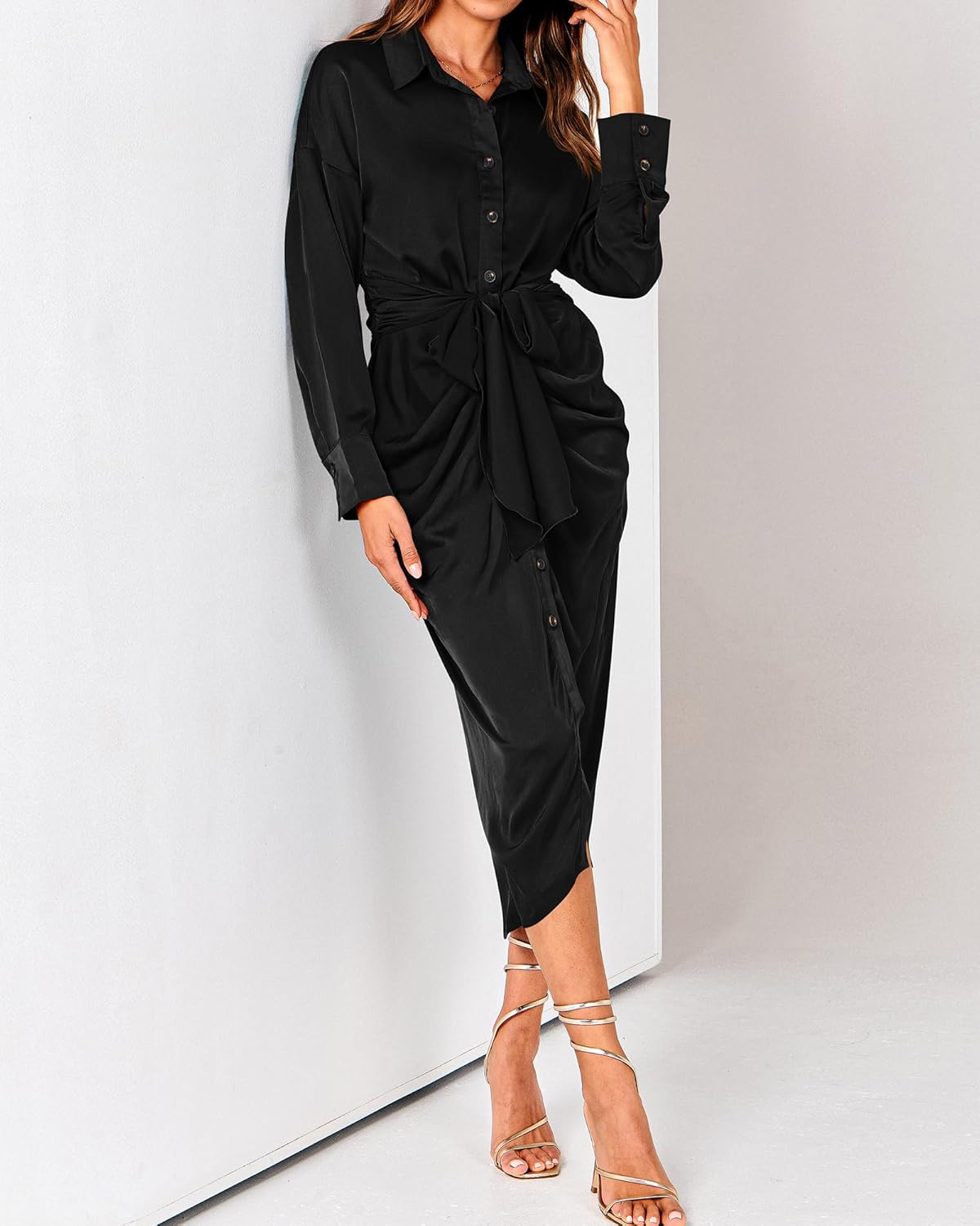BTFBM Summer Dresses for Women 2025 Long Sleeve Lapel V Neck Button Down Elegant Belted Ruched Satin Shirt Fall Dress