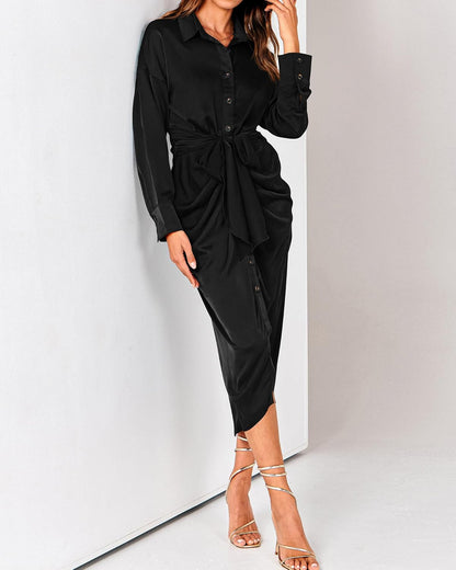 BTFBM Summer Dresses for Women 2025 Long Sleeve Lapel V Neck Button Down Elegant Belted Ruched Satin Shirt Fall Dress