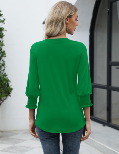 LOMON Blouses for Women Dressy Casual 3/4 Sleeve Tops for Women V Neck T Shirt Ladies Tops and Blouses Orange Blue Print L