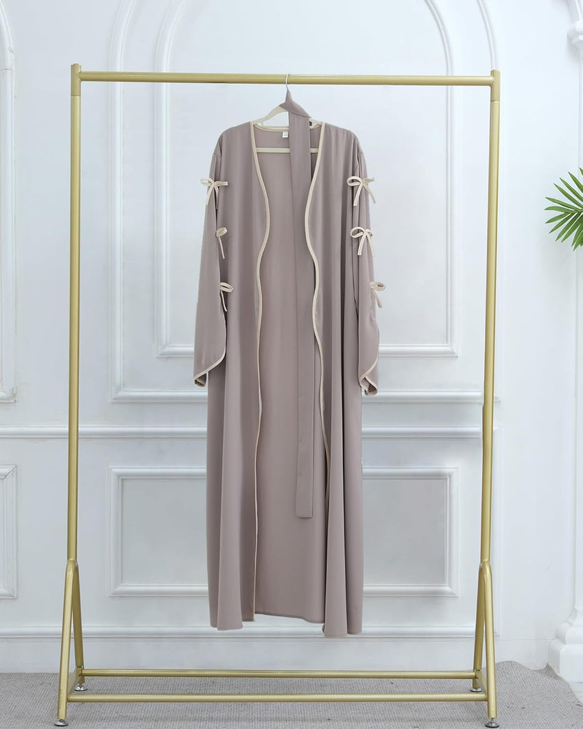 Elegant Flowy Muslim Cardigan Robe with Bow Accents Front Wave Design Abaya for Women Open Front Abaya with Belt