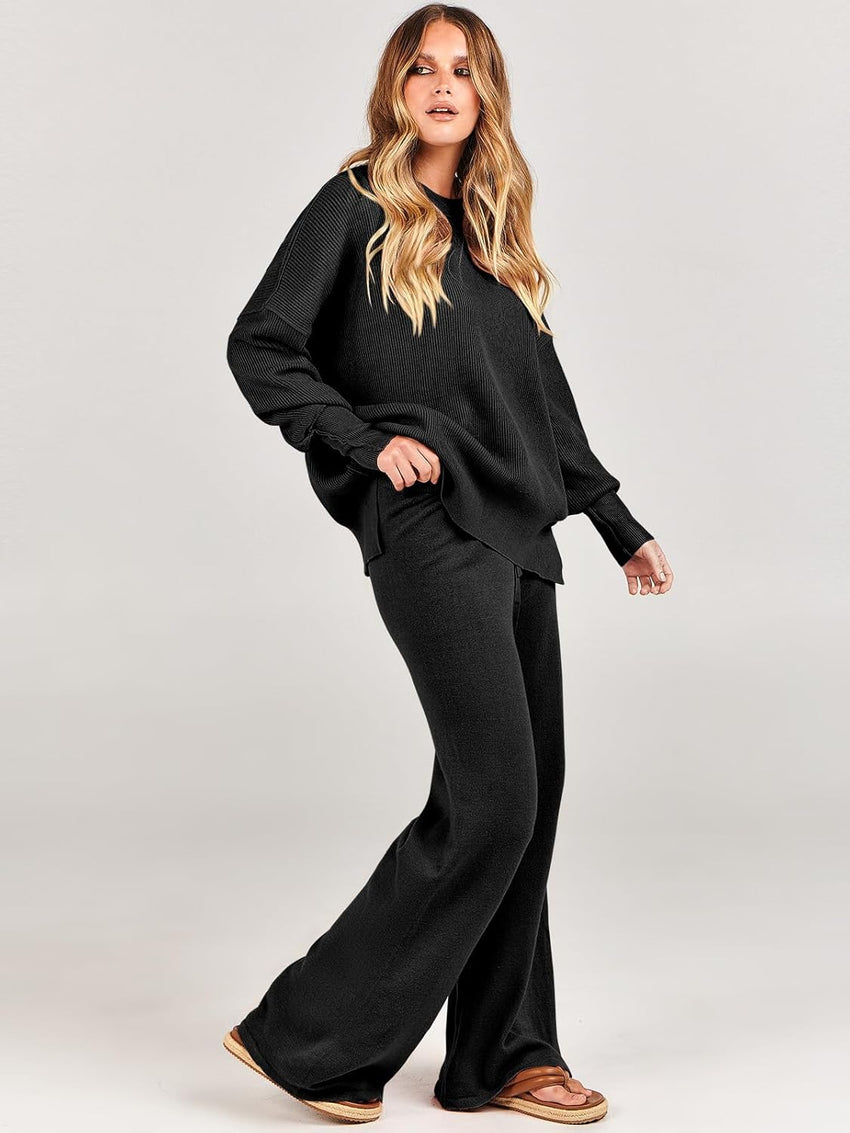ANRABESS Womens 2 Piece Outfits Fall Lounge Set 2025 Oversized Chunky Knit Sweater Top Wide Leg Pants Loungewear Clothes